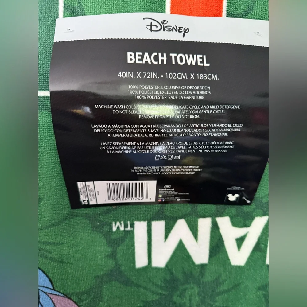Disney Stitch University of Miami NCAA Green Towel NWT